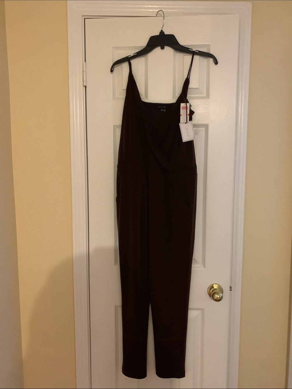 1.STATE Burgundy Sleeveless Draped Jumpsuit with Thin Straps